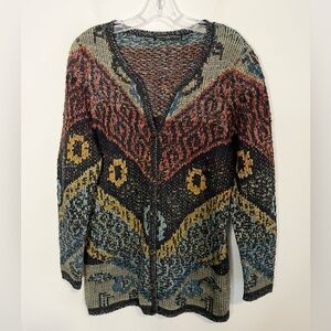 Peruvian Connection Aztec Southwestern Sweater Cardigan. Blues/Gold/Reds. Size M